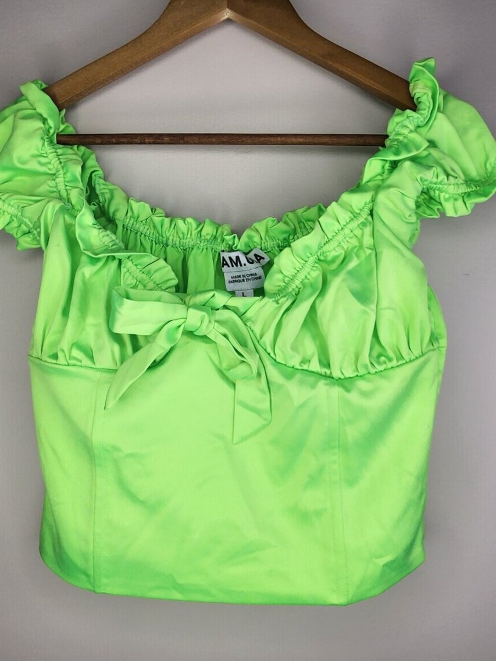 I.AM.GIA Ruffle Off-Shoulder Crop Top — Neon Lime, L | Y2K Festival Puff Sleeve